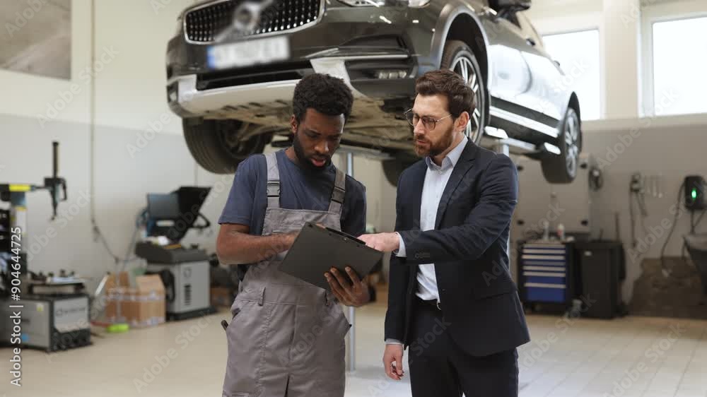 Mechanic explaining car repair details to customer in modern auto shop. Professional interaction between mechanic and client in vehicle service center with car on lift.
