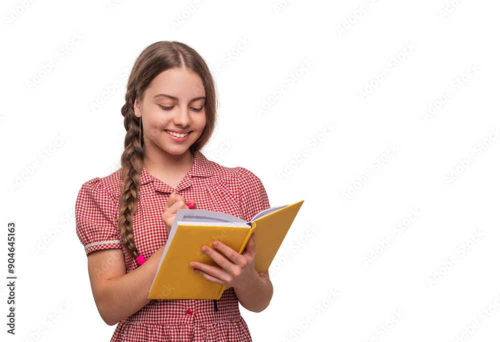 School girl doing homework isolated on white. Writing in diary. Making notes in planner. Teed school girl noting in diary. Copy space. Teen girl writing in school notes. Thinking and taking notes School girl doing homework isolated on white. Writing in diary. Making notes in planner. Teed school girl noting in diary. Copy space. Teen girl writing in school notes. Thinking and taking notes