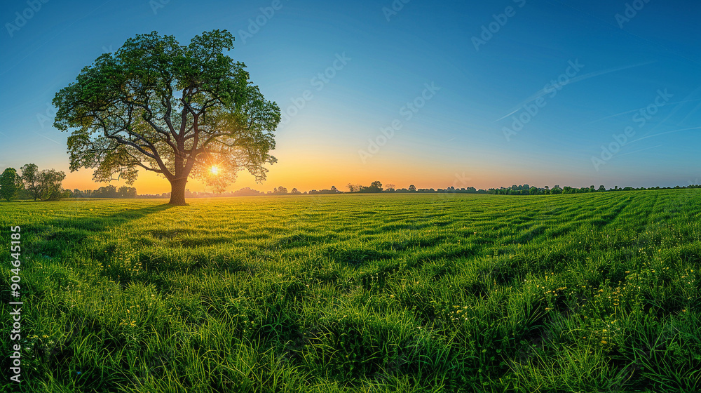 Obraz premium Vast green field at sunrise with clear sky and horizon.