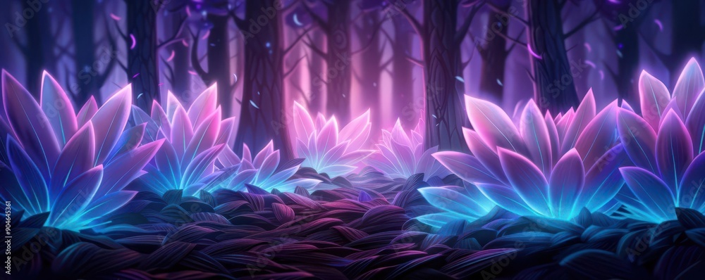 Mysterious purples and blacks in an enchanted forest with glowing plants, Neon, Dark shadows, Ethereal glow Mysterious purples and blacks in an enchanted forest with glowing plants, Neon, Dark shadows, Ethereal glow
