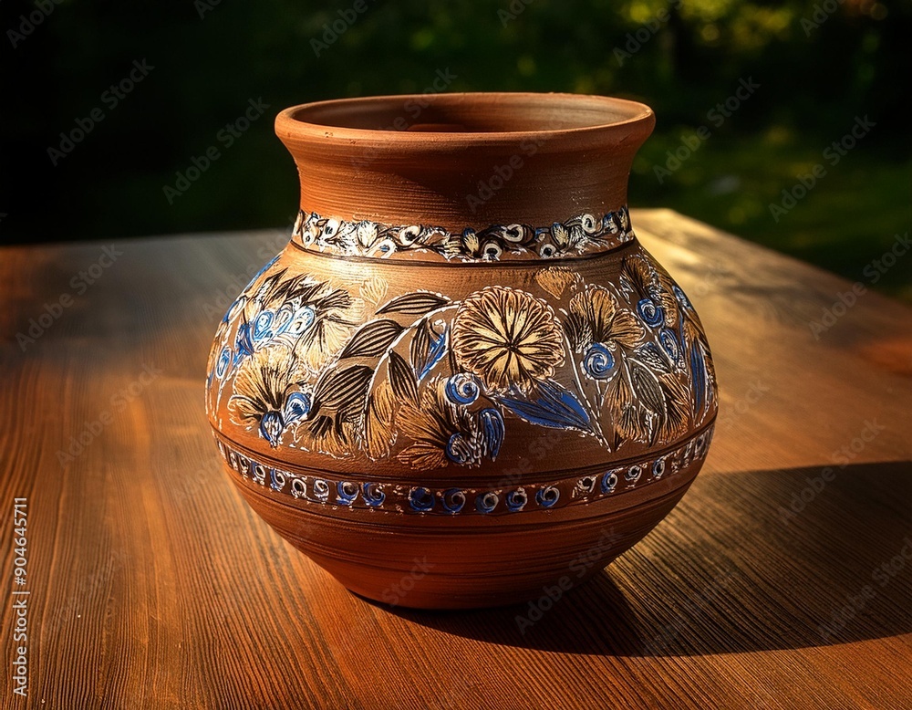 A beautifully decorated pottery piece on a wooden table A beautifully decorated pottery piece on a wooden table