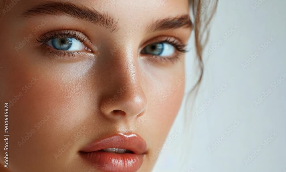 Close-up portrait of a young woman with flawless skin and natural makeup. Close-up portrait of a young woman with flawless skin and natural makeup.