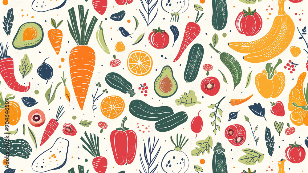 Pattern of colorful vegetables and fruits on a white background.. Pattern of colorful vegetables and fruits on a white background..