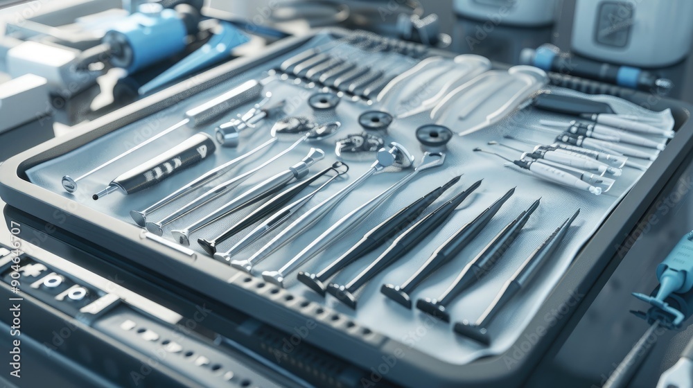 An array of advanced robotic surgical instruments neatly arranged on a sterile tray, ready for use. An array of advanced robotic surgical instruments neatly arranged on a sterile tray, ready for use.