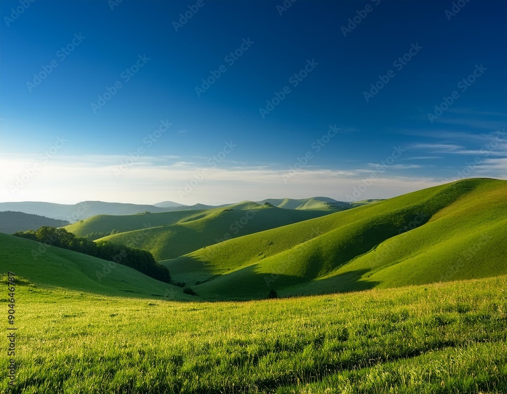 Obraz premium A serene landscape with rolling green hills under a clear blue sky