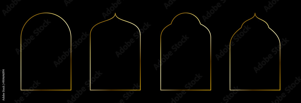 Thin golden oriental arch set. Gold arc border frame collection in art deco style. Thin linear shining curve shape bundle. Glowing shiny boarder element pack for photo, cadre, poster, card. Vector