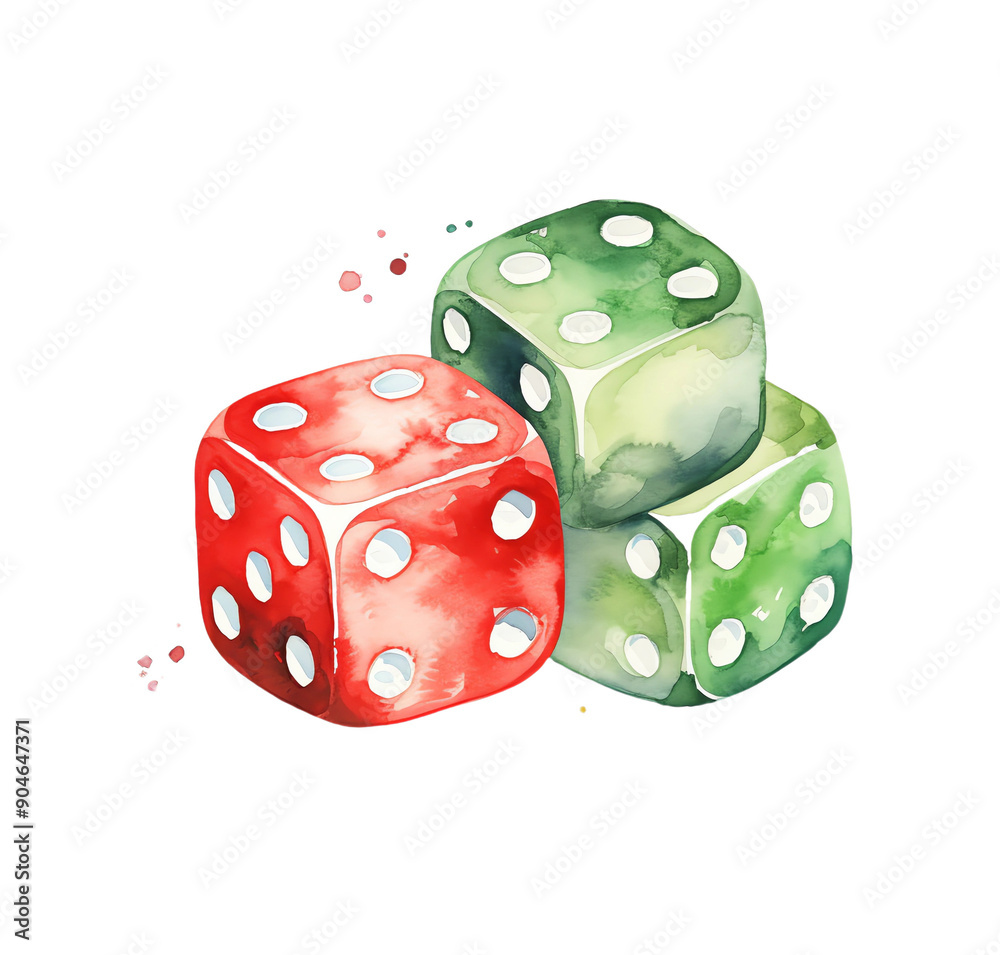 Watercolor red and green dice clipart, black background Watercolor red and green dice clipart, black background