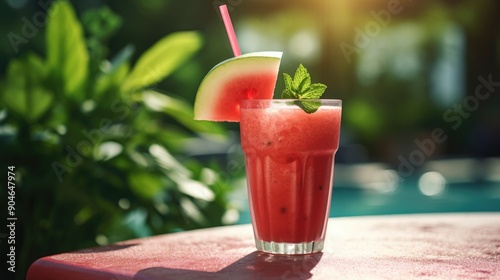 A refreshing watermelon smoothie with a slice of watermelon and a mint leaf as garnish,generative ai