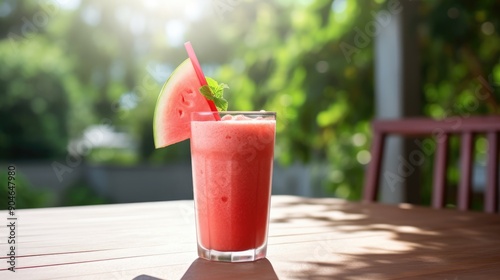 A refreshing watermelon smoothie with a slice of watermelon and a mint leaf as garnish,generative ai