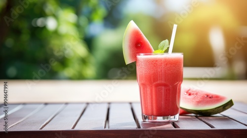 A refreshing watermelon smoothie with a slice of watermelon and a mint leaf as garnish,generative ai