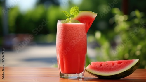 A refreshing watermelon smoothie with a slice of watermelon and a mint leaf as garnish,generative ai