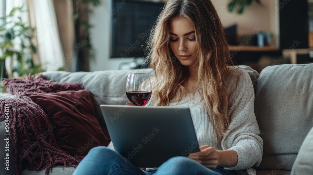 Naklejka premium A woman is sitting on a couch with a laptop and a glass of wine