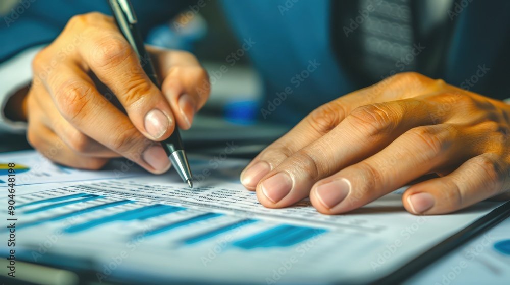 Close-up of businessman hands working on company finances, earnings and budget. Accountant with a pen calculating monthly expenses, papers, loan documents and invoices Close-up of businessman hands working on company finances, earnings and budget. Accountant with a pen calculating monthly expenses, papers, loan documents and invoices