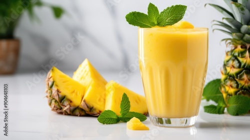 A tropical mango and pineapple smoothie with a slice of pineapple and a garnish of min,generative ai