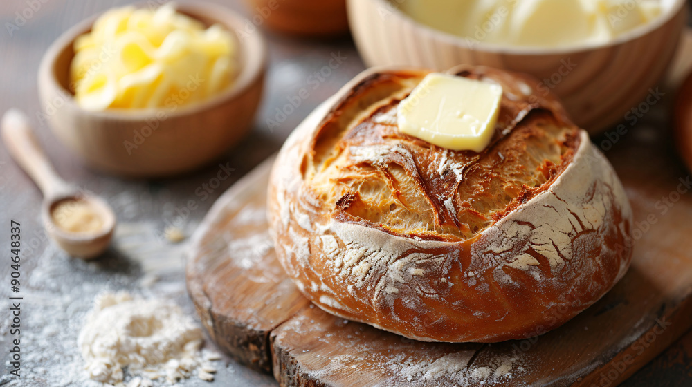 Freshly baked bread with butter on a board Freshly baked bread with butter on a board