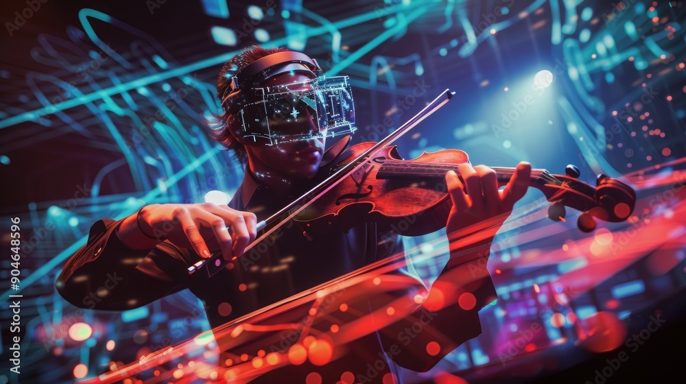 Fototapeta premium An augmented reality concert with virtual instruments and interactive music visualizations.