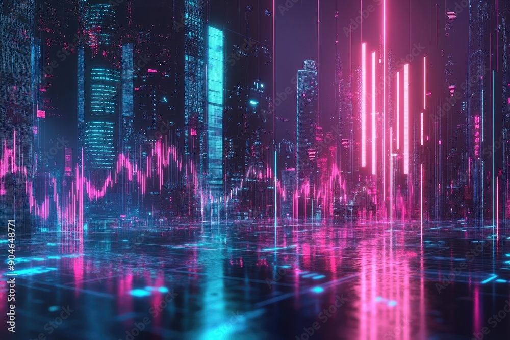 Futuristic Cityscape with Neon Lights Reflecting on Wet Pavement Futuristic Cityscape with Neon Lights Reflecting on Wet Pavement