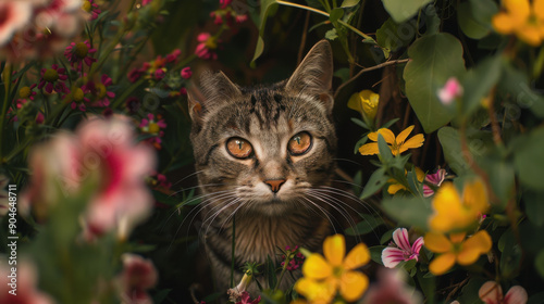 Natural and detailed portrait of a cat looking directly at the camera, surrounded by vibrant flowers and 