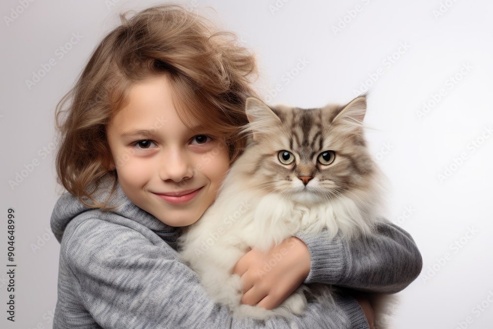 Endearing child with a cheeky grin, wearing a cozy sweater, sitting with a pet kitten, on white background,generative ai Endearing child with a cheeky grin, wearing a cozy sweater, sitting with a pet kitten, on white background,generative ai
