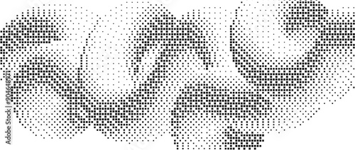 Pixelated gradient squiggle shape. Black dither wavy texture background. Dotted curved fluid form for banner, poster, leaflet. Abstract digitalized undulated overlay wallpaper. Vector backdrop