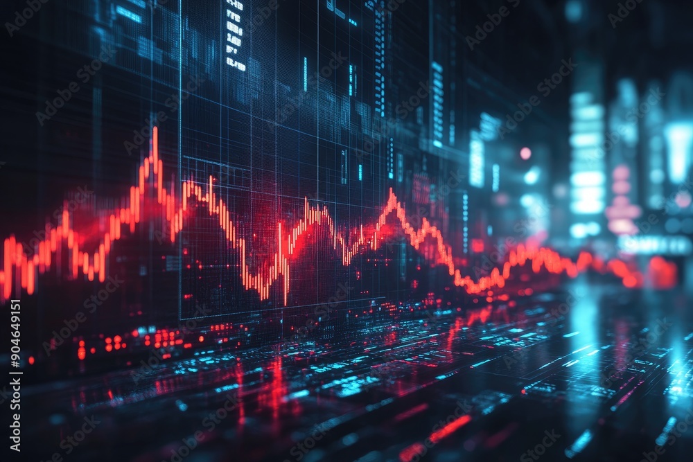 Red Stock Market Chart on a Digital Screen with a Reflected Cityscape Red Stock Market Chart on a Digital Screen with a Reflected Cityscape