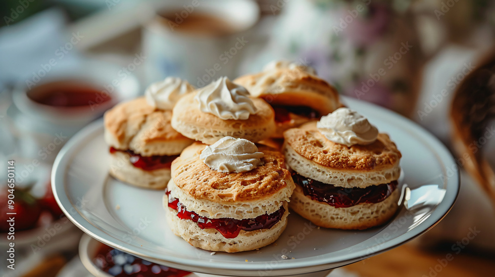 Freshly baked scones with clotted cream and strawberry jam Freshly baked scones with clotted cream and strawberry jam
