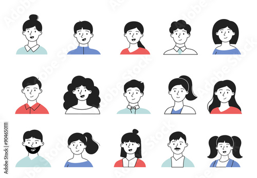 Social media avatars set. Trendy users pictures for messengers and social networks. People of different genders and age portraits. Linear vector collection