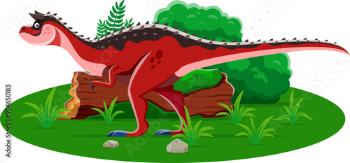 Carnotaurus prehistoric dinosaur. Cartoon vector dino predator with black spots and spikes on its back, standing beside fallen log and green plants in a landscape with a meadow and lush green grass