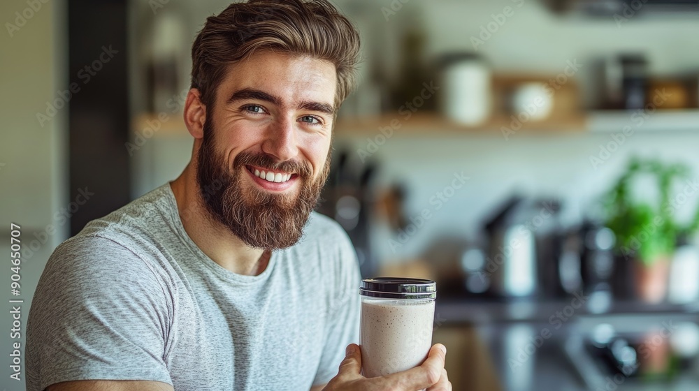 A man with a beard is smiling and holding a cup of something A man with a beard is smiling and holding a cup of something