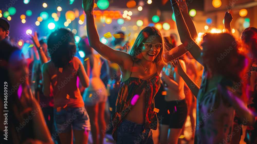 A woman is dancing in a crowd of people, surrounded by colorful lights A woman is dancing in a crowd of people, surrounded by colorful lights