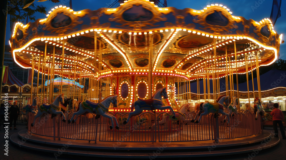 Obraz premium A merry-go-round with many horses and lights