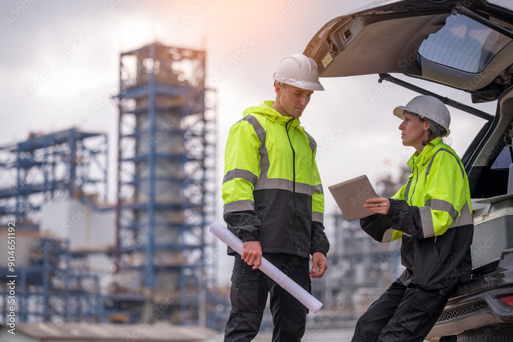 Engineers wear uniform standing near the open trunk of a vehicle hand holding blueprint paper show, survey inspection work plant site use tablet see detail of work with oil refinery background. Engineers wear uniform standing near the open trunk of a vehicle hand holding blueprint paper show, survey inspection work plant site use tablet see detail of work with oil refinery background.