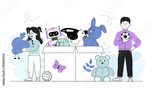 Kids with box of toys. Boy and girl near huge cardboard box with plush hare and bear. Entertainment and leisure. Children in playroom. Linear vector illustration