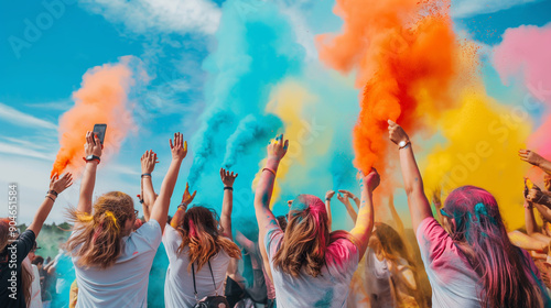 A group of people are celebrating with colorful smoke
