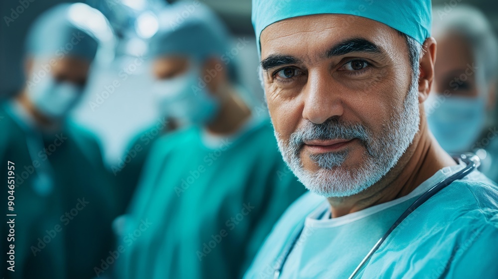 A man in a blue surgical outfit is standing in front of a group of people A man in a blue surgical outfit is standing in front of a group of people