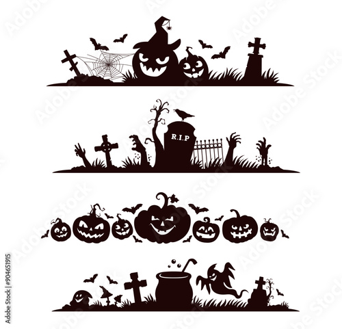 Halloween dividers and borders, scary silhouettes. Vector frames with black grinning pumpkins, tombstones, grave crosses and bats, cobwebs, pot, ghost and trees. spooky decorative holiday elements