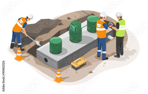 aerobic treatment system installation household septic tank engineer working on constraction work site eco friendly concept isometic isolated illustration