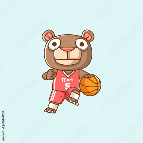 Cute bear dribble basketball player play basket kawaii chibi character mascot illustration outline style design