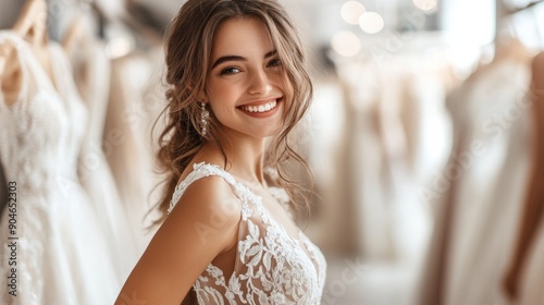 A woman is smiling and posing in front of a rack of wedding dresses Free Download A woman is smiling and posing in front of a rack of wedding dresses - GFXLoad
