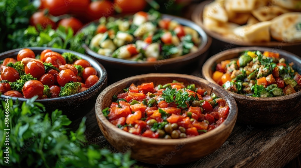 Colorful Fresh Vegetable Salads with Cherry Tomatoes and Herbs on Wooden Table Colorful Fresh Vegetable Salads with Cherry Tomatoes and Herbs on Wooden Table