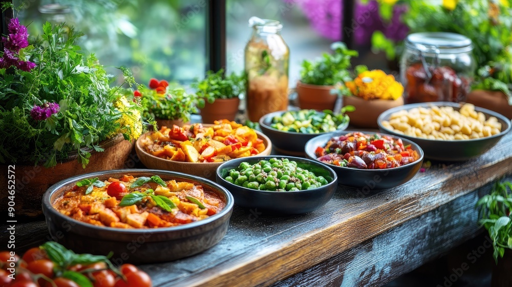 Vibrant Farm-to-Table Meal with Fresh Vegetables and Colorful Salads in Rustic Setting Vibrant Farm-to-Table Meal with Fresh Vegetables and Colorful Salads in Rustic Setting