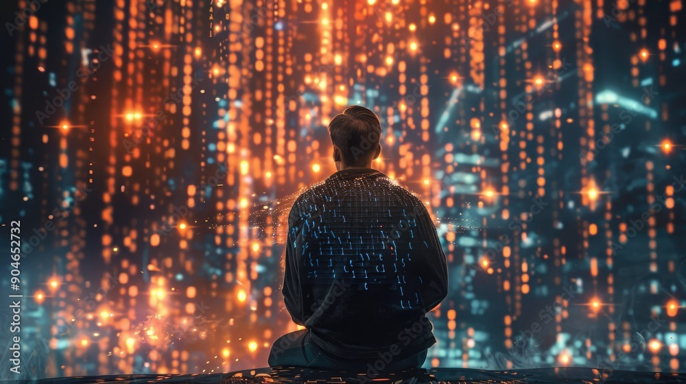 Man Sitting in Futuristic Digital Matrix with Floating Orange and Blue Lights Man Sitting in Futuristic Digital Matrix with Floating Orange and Blue Lights