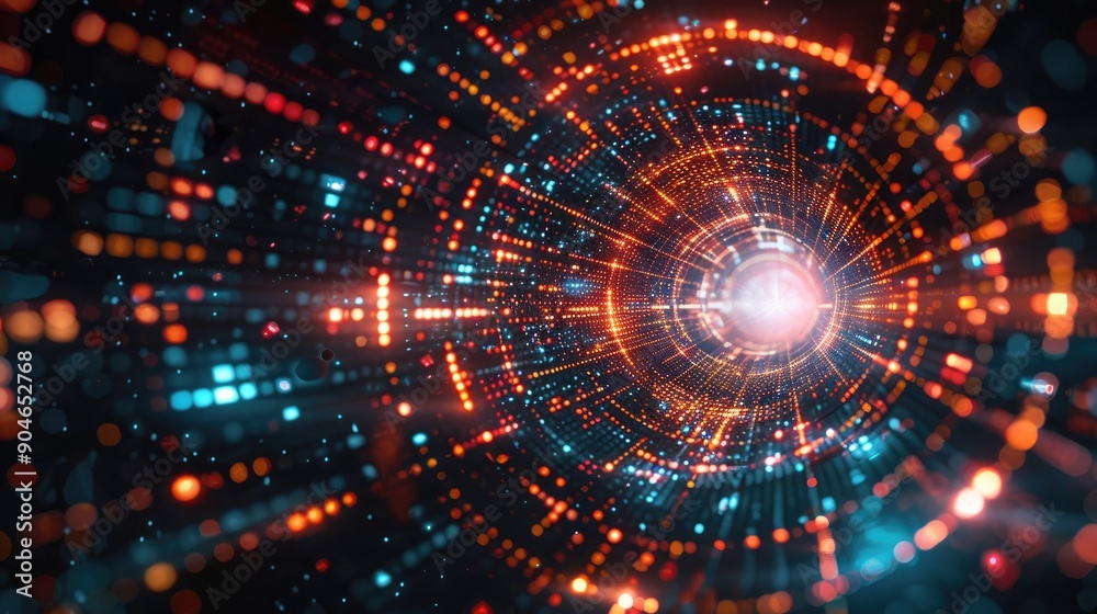 Abstract Futuristic Digital Vortex with Bright Light Center and Dynamic Particle Field Abstract Futuristic Digital Vortex with Bright Light Center and Dynamic Particle Field