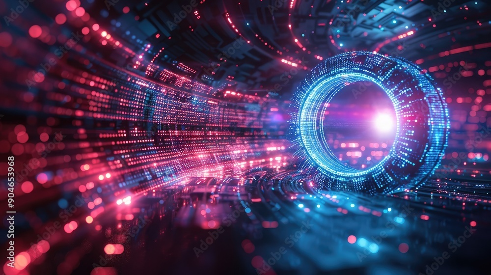 Fototapeta premium Futuristic Digital Tunnel with Neon Lights and Glowing Circular Structure in a Cybernetic Environment