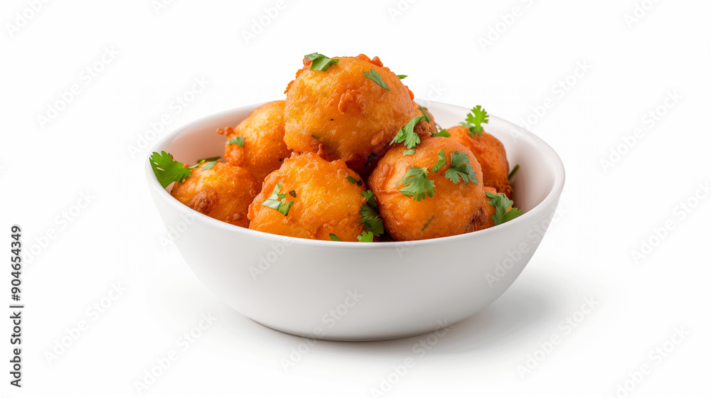 A bowl of crispy golden pakoras garnished with fresh cilantro, showcasing a delicious Indian snack, on a white background. A bowl of crispy golden pakoras garnished with fresh cilantro, showcasing a delicious Indian snack, on a white background.
