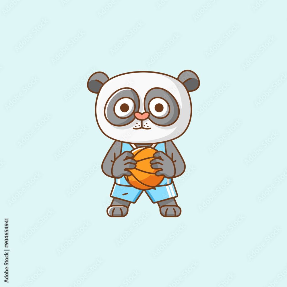 Cute panda basketball player play basket kawaii chibi character mascot illustration outline style design Cute panda basketball player play basket kawaii chibi character mascot illustration outline style design