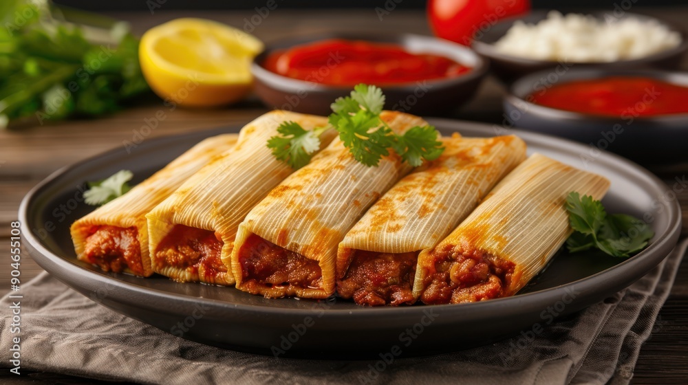 A beautifully arranged plate of tamales, with colorful garnishes and sauces