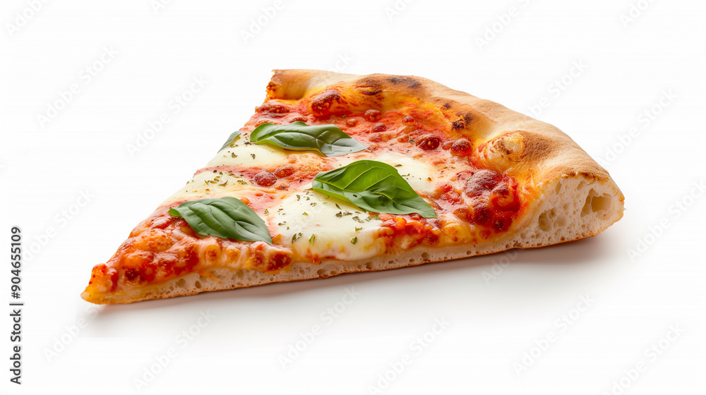 A single slice of Margherita pizza with fresh basil leaves, melted mozzarella, and tomato sauce on a white background. A single slice of Margherita pizza with fresh basil leaves, melted mozzarella, and tomato sauce on a white background.