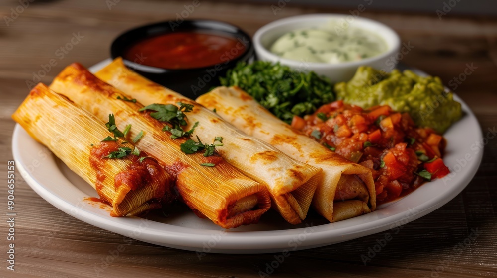 A beautifully arranged plate of tamales, with colorful garnishes and sauces A beautifully arranged plate of tamales, with colorful garnishes and sauces
