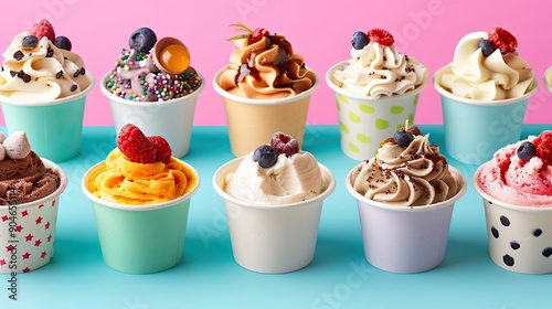 Assorted frozen yogurt cups with various toppings and flavors, arranged appealingly against a bright background